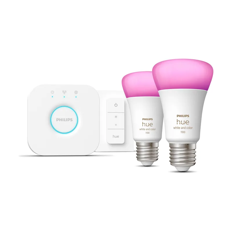 Philips Hue White & Ambiance Kit De Inicio 2 Bombillas Inteligentes E27 1100 + Regulador De Intensidad