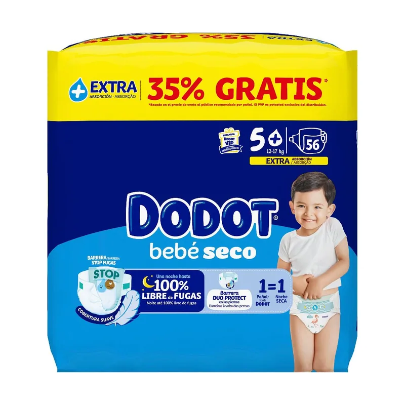 Dodot Bebé Seco Extra Jumbo Pack Talla 5+ 56
