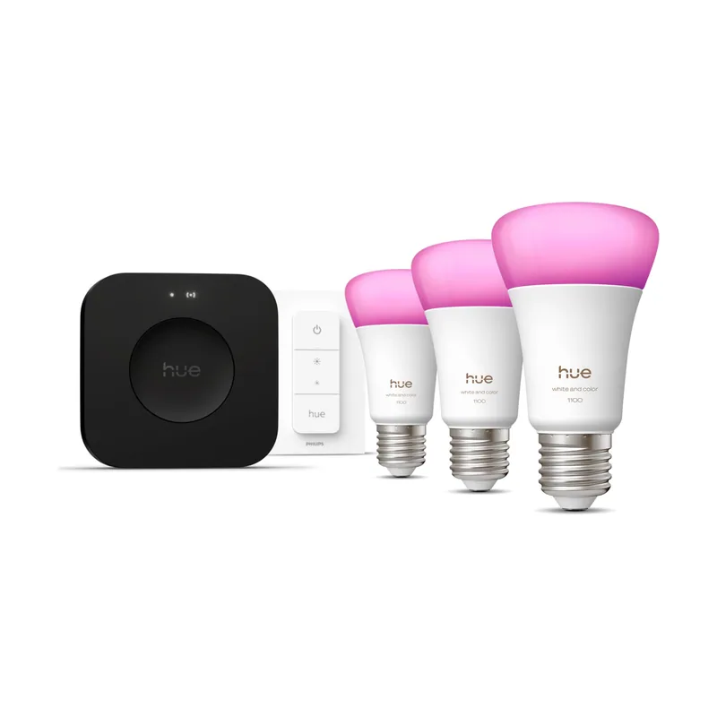 Philips Hue White & Ambiance Kit De Inicio 3 Bombillas Inteligentes E27 + Regulador De Intensidad + Bridge Pro