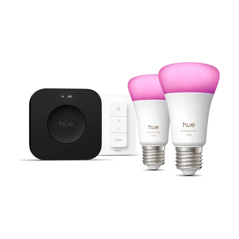 Philips Hue White & Ambiance Kit De Inicio 2 Bombillas Inteligentes E27 + Regulador De Intensidad + Bridge Pro